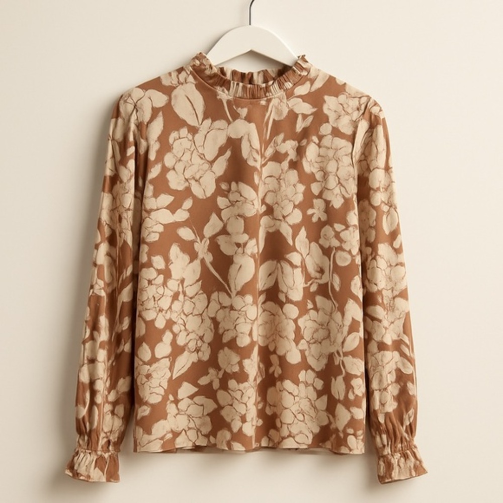 Ruffled Long Sleeve Blouse with Mandarin Collar in Brown and Orange